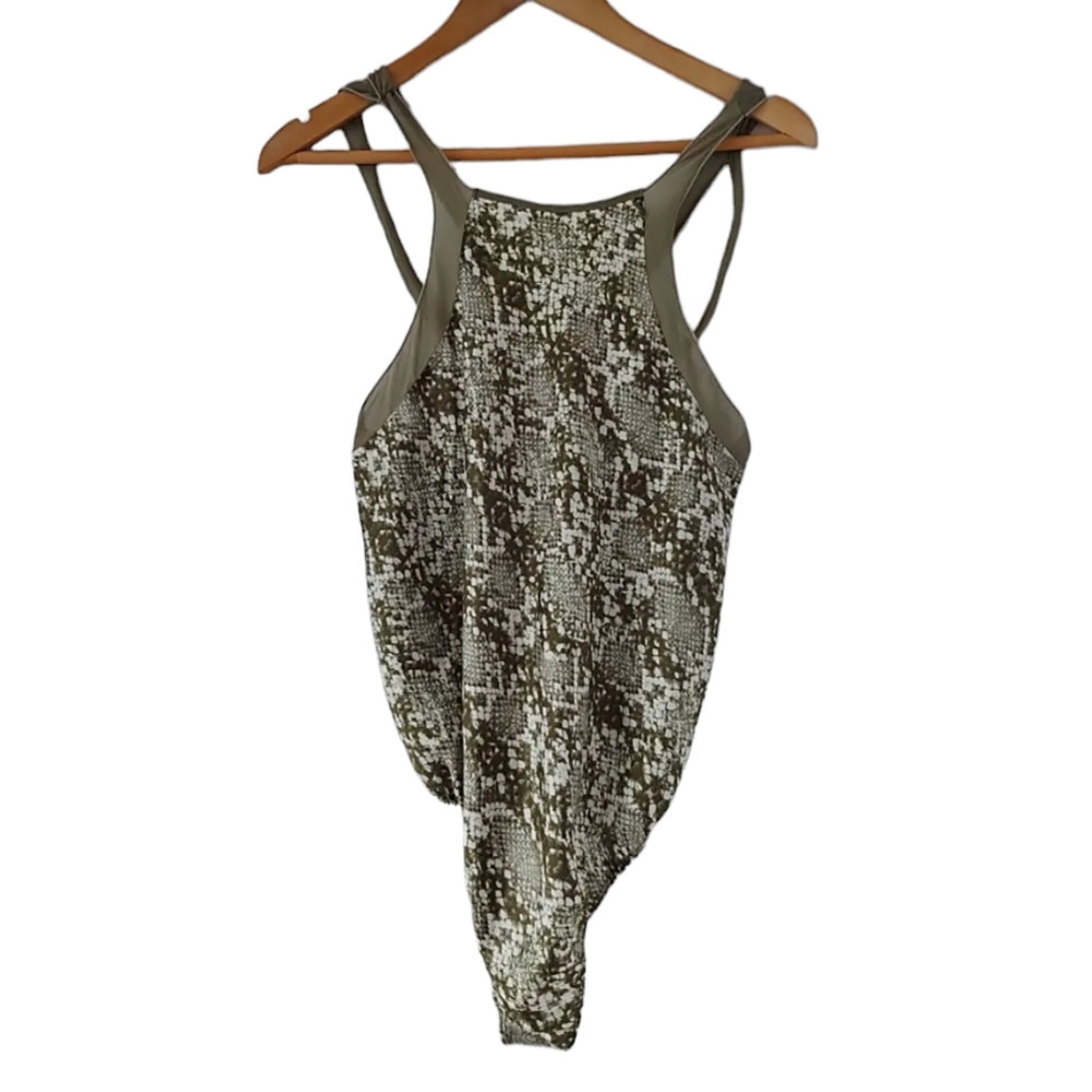 Free People Moss Green Nights Out Snakeskin Print Bodysuit Small - Picture 2 of 5